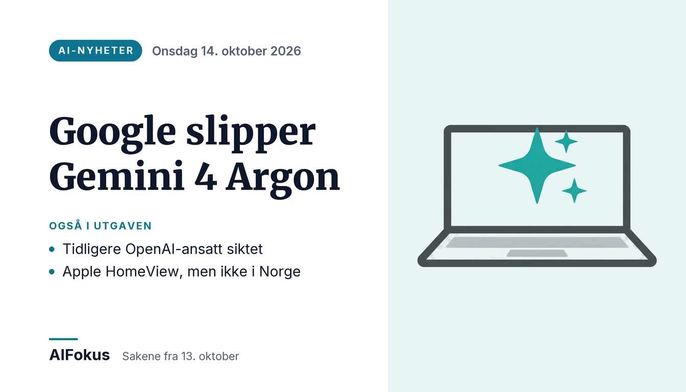 Illustrasjon av en bærbar PC med glitrende stjerner på skjermen, ved siden av overskriften «Google slipper Gemini 4 Argon»