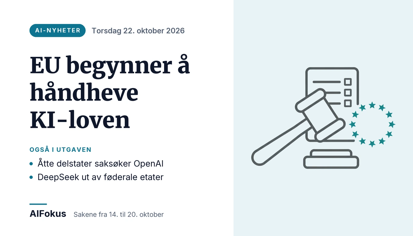 Dommerklubbe, sjekkliste og en ring av stjerner ved siden av overskriften «EU begynner å håndheve KI-loven»